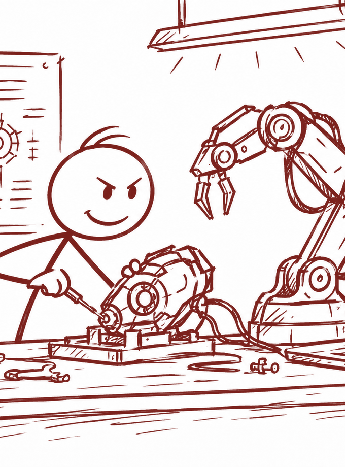 Line drawing of a stick figure building a robot at a workbench beside a robotic arm